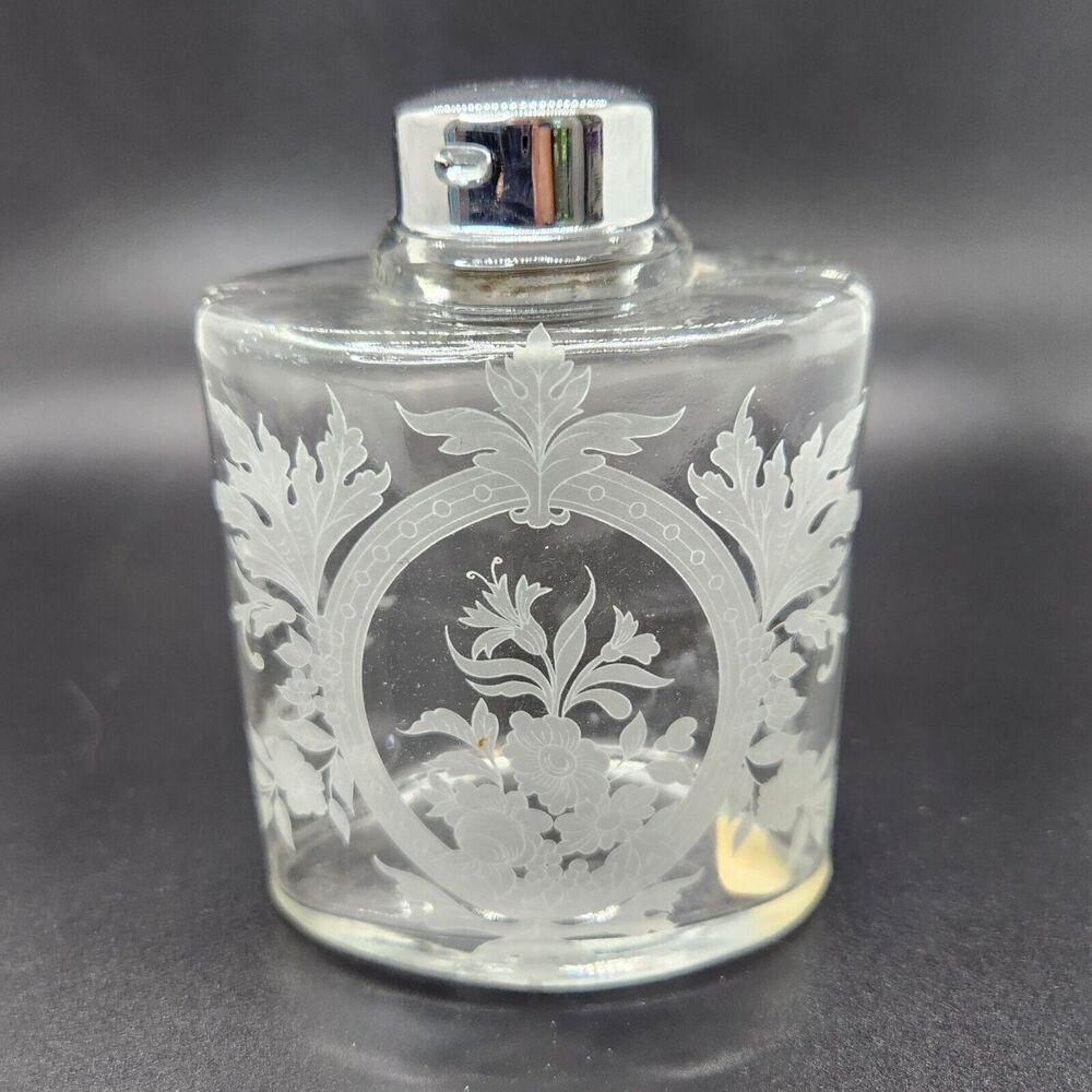 Vintage‎ 4in Clear Etched Glass Perfume Bottle Silver Cap And Floral Portugal